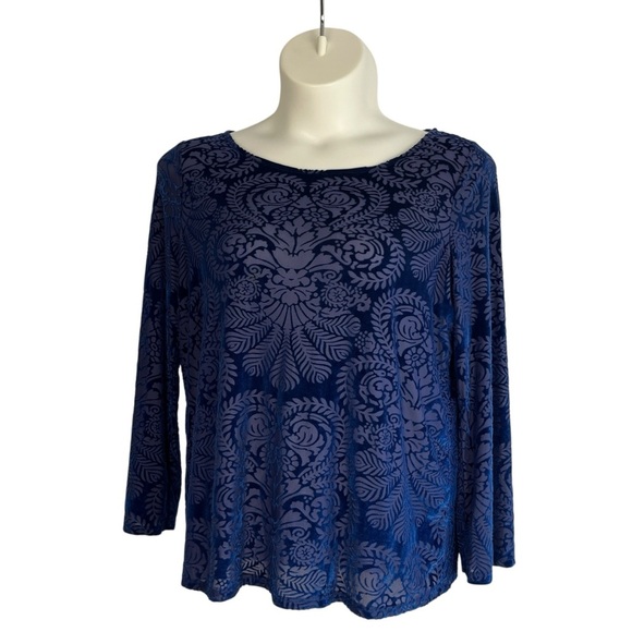 Womens Sapphire Blue Velvet Burnout Tunic Top Size XL Elegant Party Semi Sheer - Picture 1 of 5